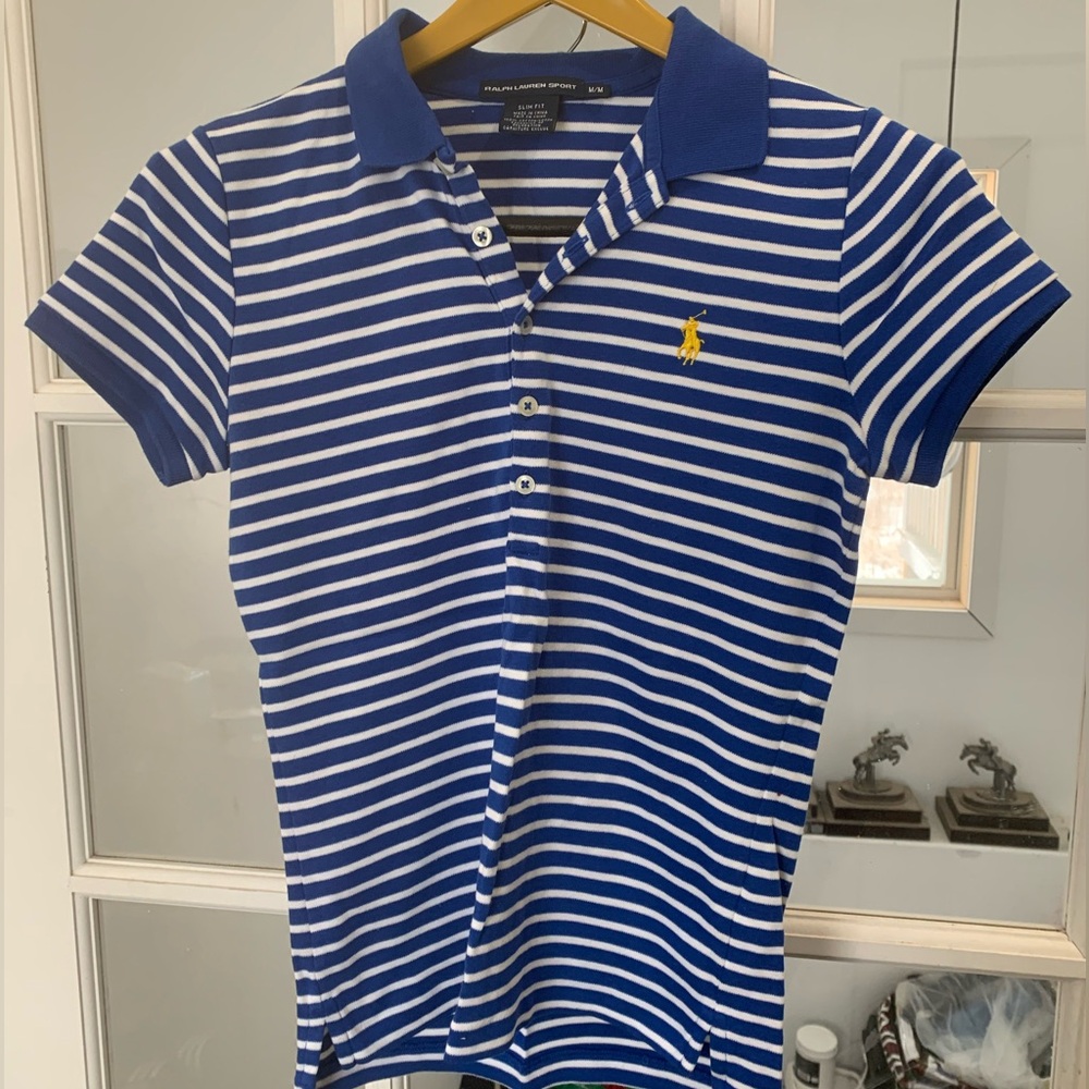 Ralph Lauren Blue and White Striped Polo Shirt with Yellow Pony